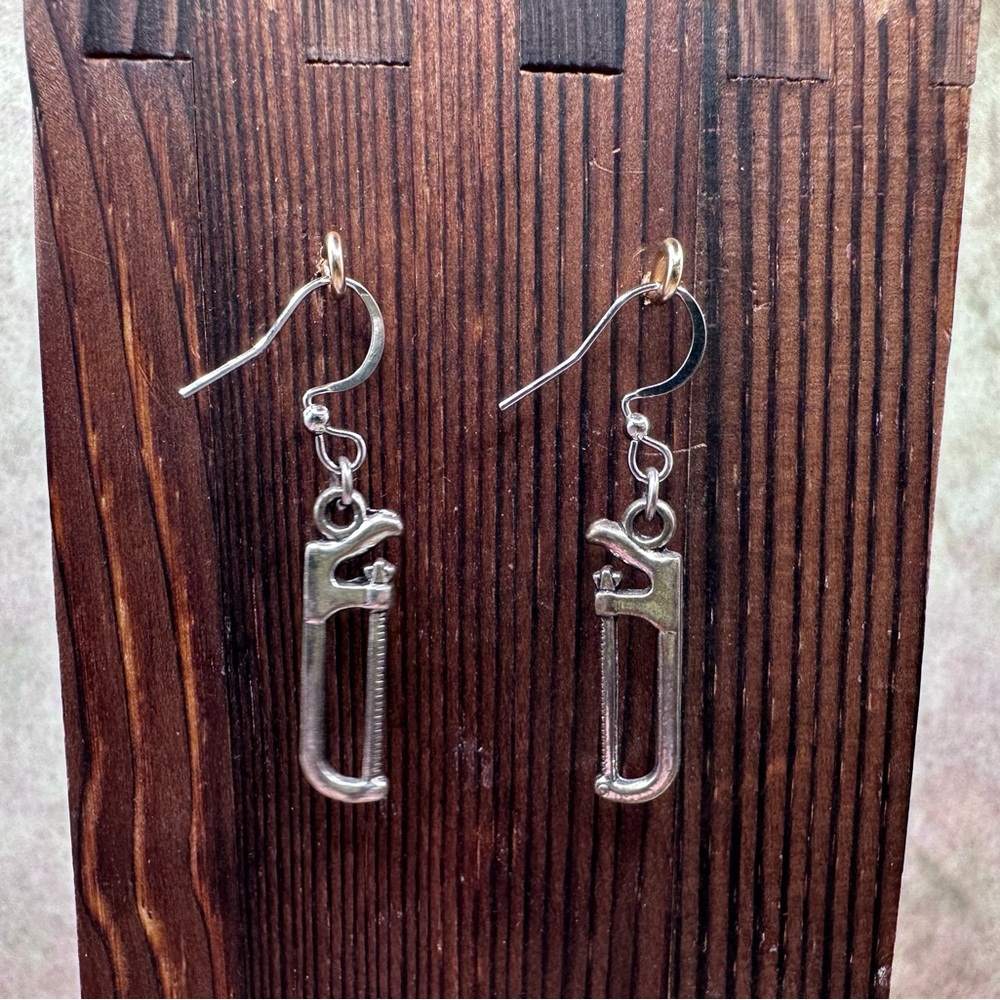 Unique Silver Tone Wrench Dangle Earrings - Picture 3 of 5